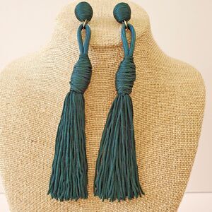 Tassel Earrings Forest Green Fabric Braid 6" Long Pierced Goldtone Posts Dangle